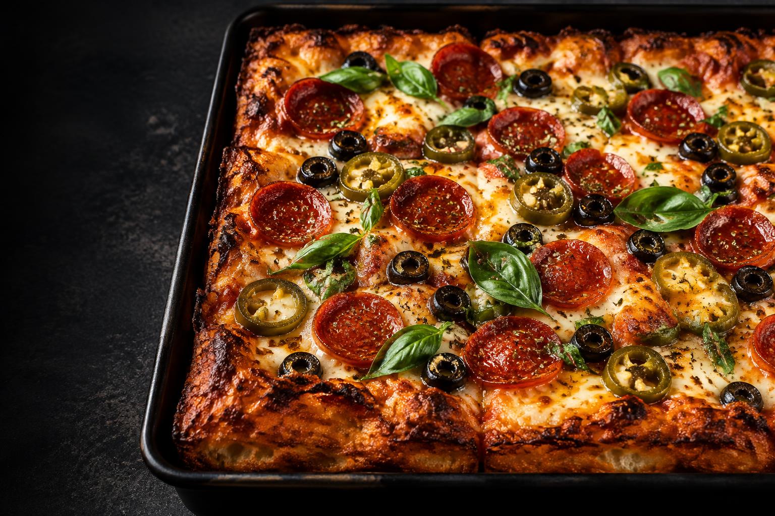 Pepperoni and jalapeño square pizza