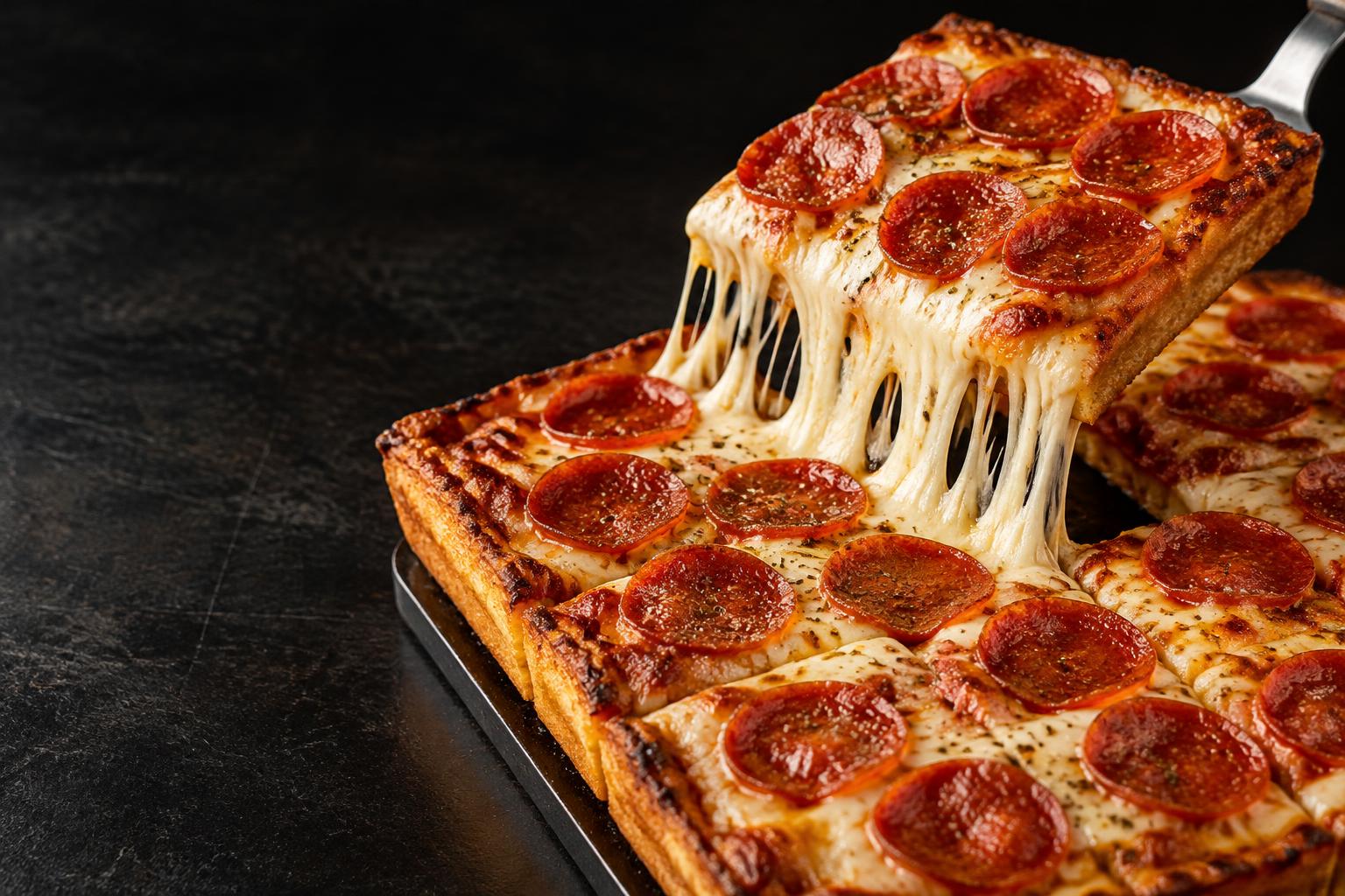 A square pepperoni pizza slice lifted with melted mozzarella cheese